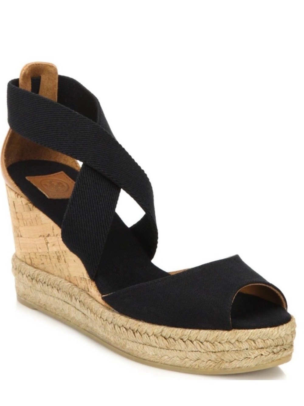 Tory Burch Black Natalya Peep-toe Cork Espadrille Wedge Sandal size 7.5